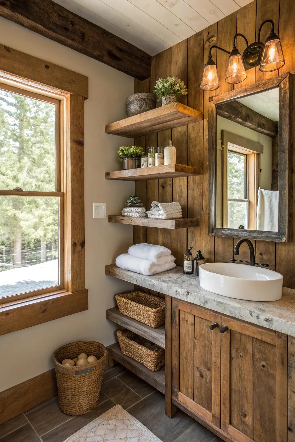 Open shelving made from reclaimed wood in a powder room.