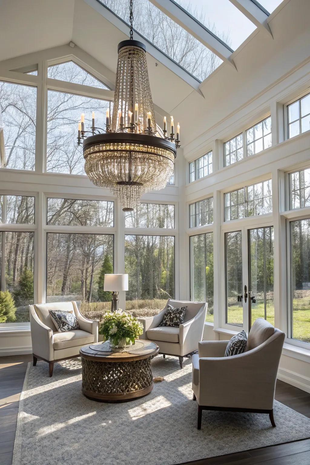 Statement illumination introduces an element of elegance to this sunroom.