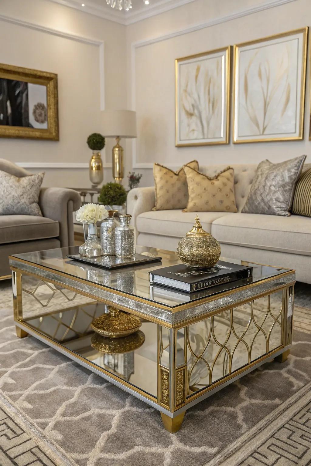 Reflective table surfaces enhance the room's brightness.