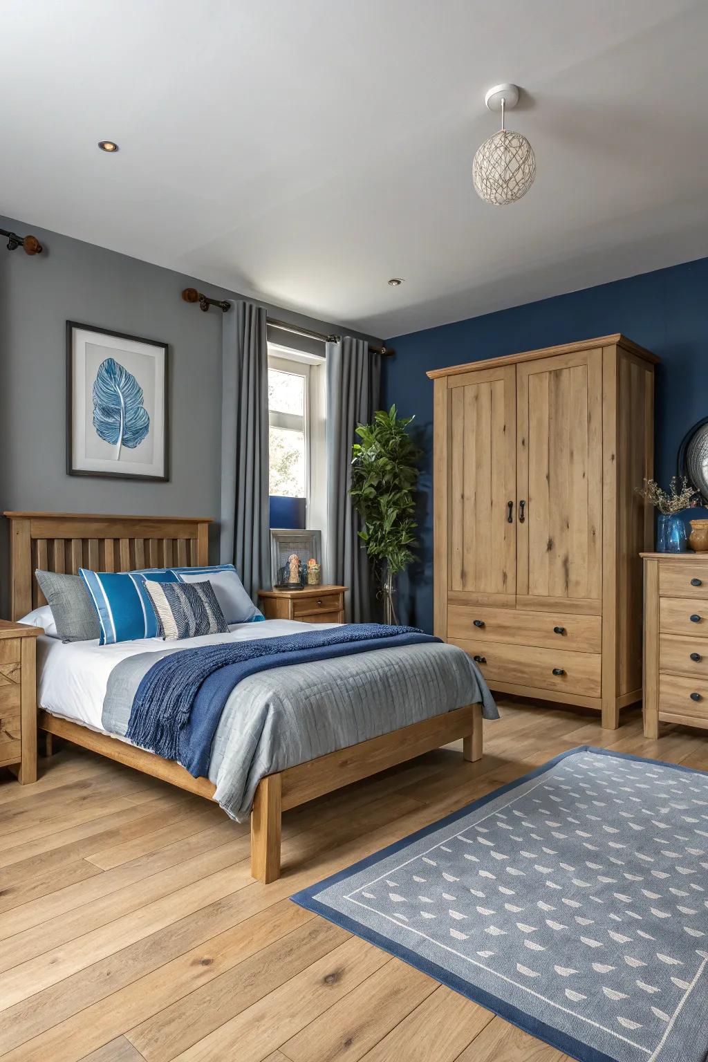 Organic wood paired with pewter and azure tones fashions a cozy bedroom.