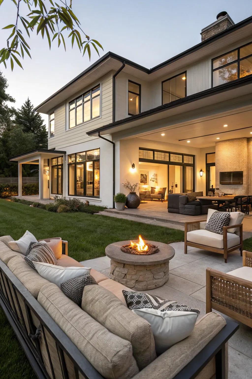 A modern home featuring a spacious and welcoming outdoor living area.