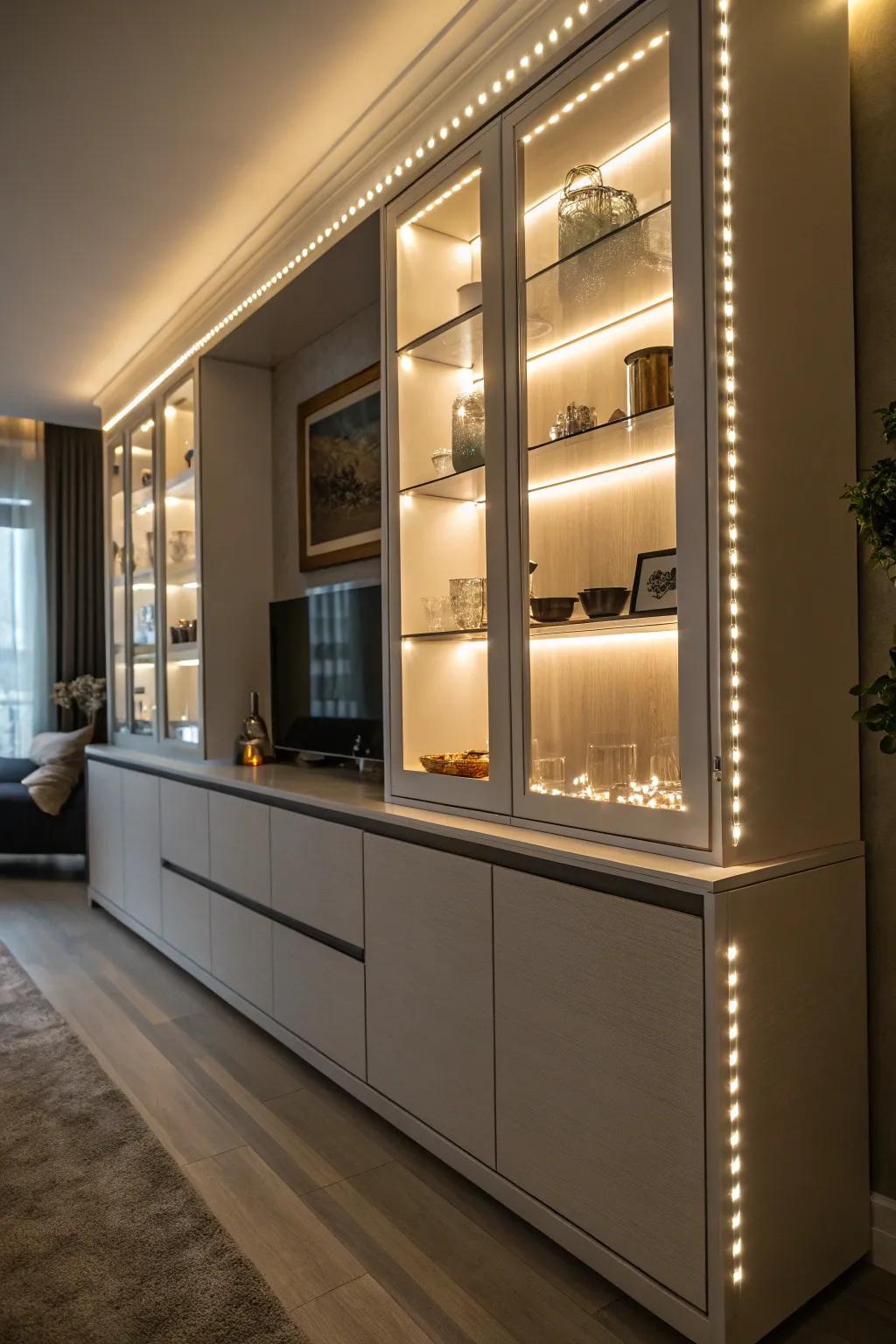 Innovative lighting highlights and enhances the cabinet’s decor.