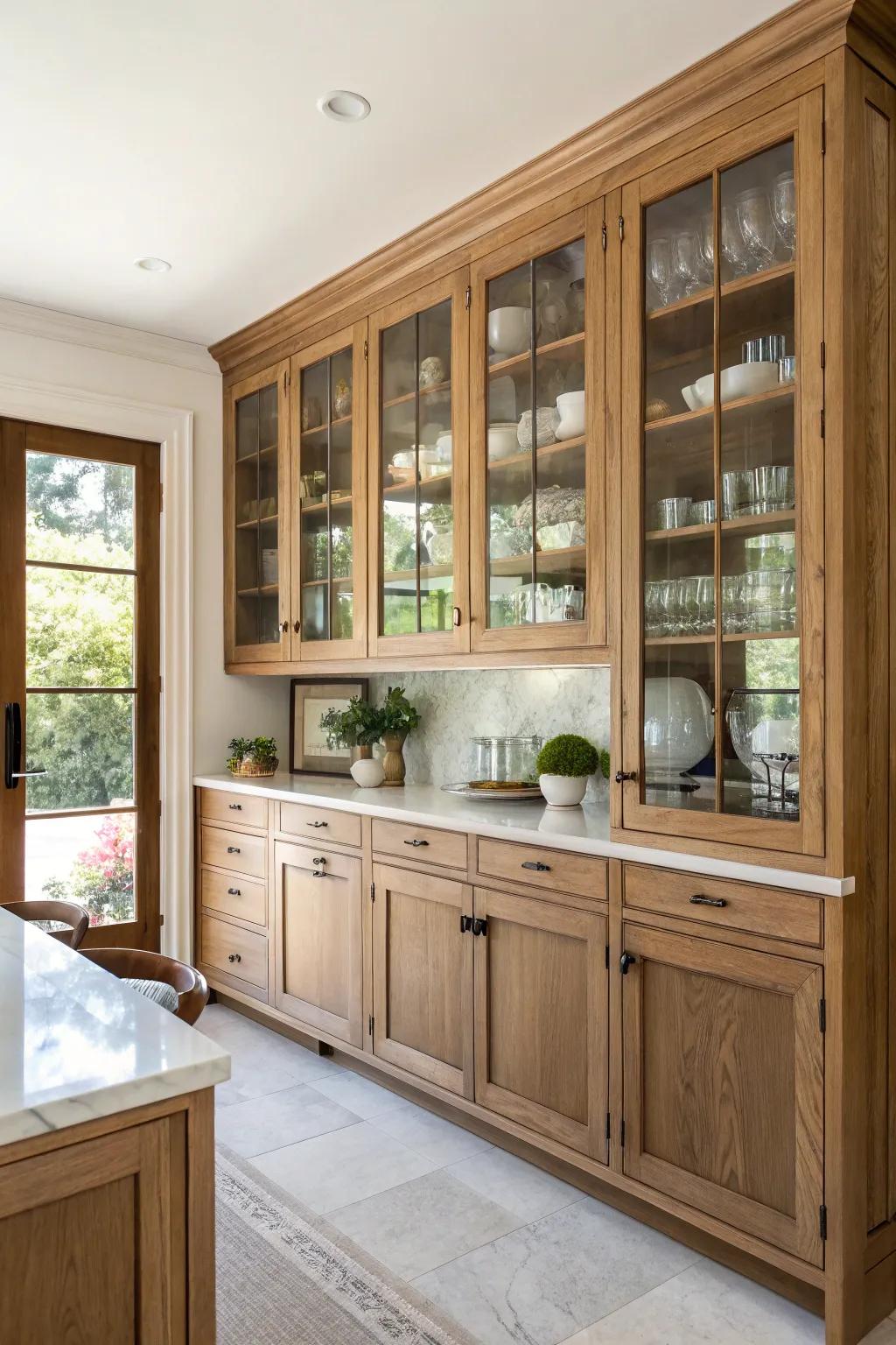 Glass accents introduce a contemporary feel and openness to oak cabinet kitchens.