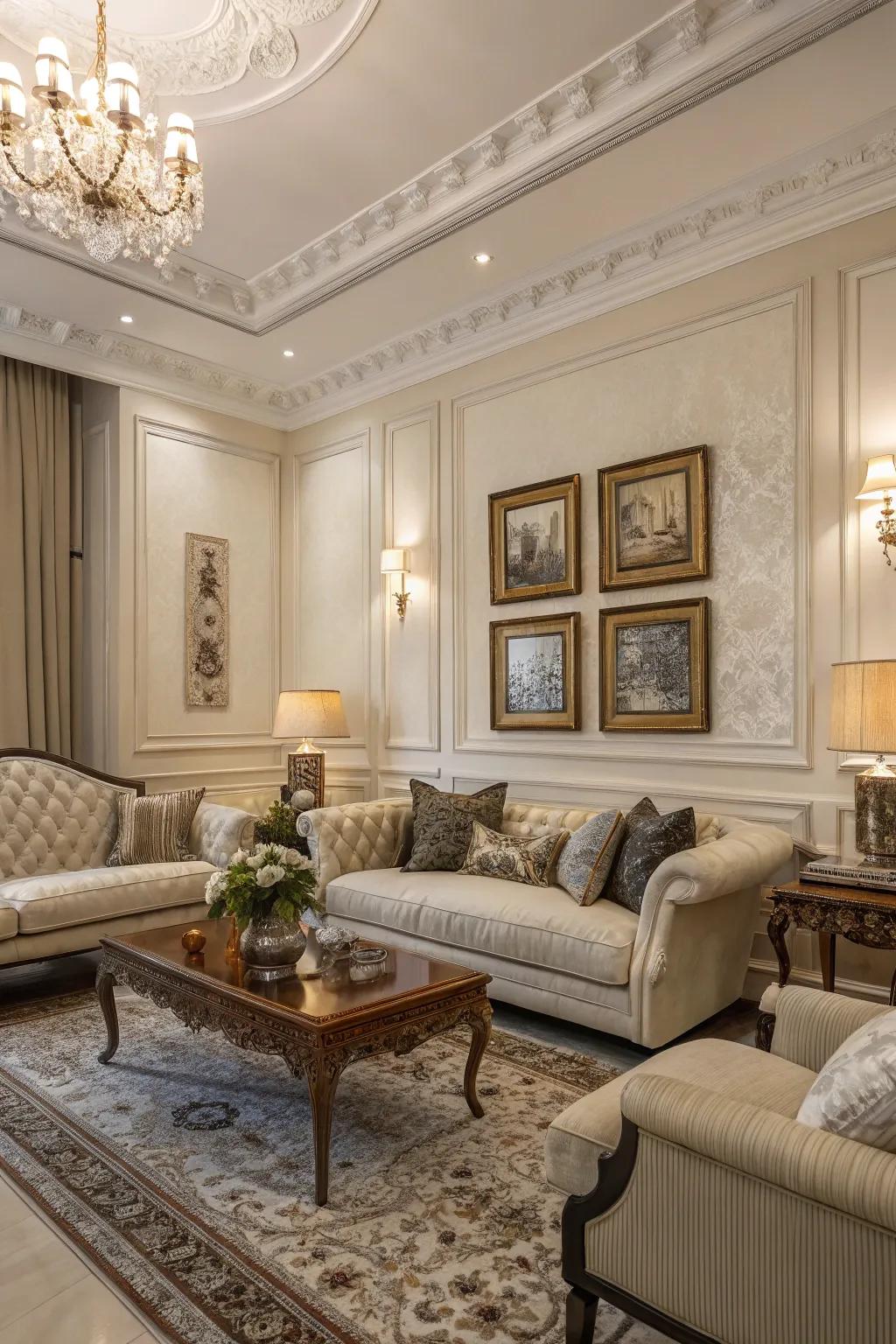 Image frame trim injects an graceful architectural detail to the modern living space.