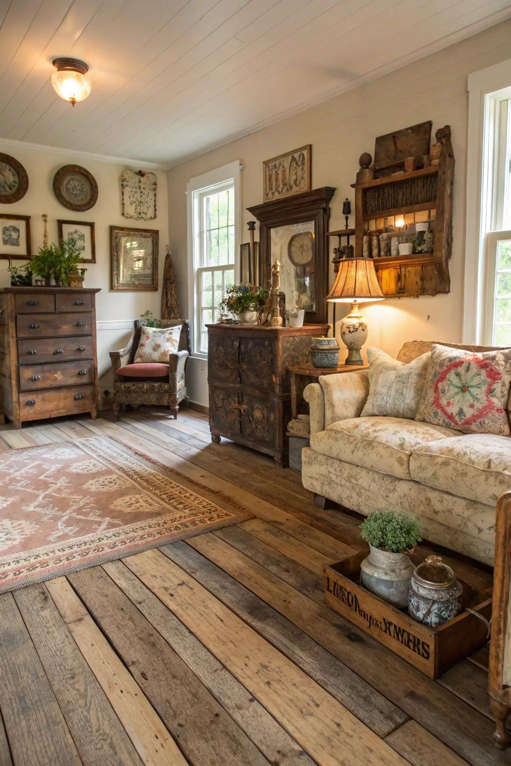 Rustic charm with reclaimed wood flooring.