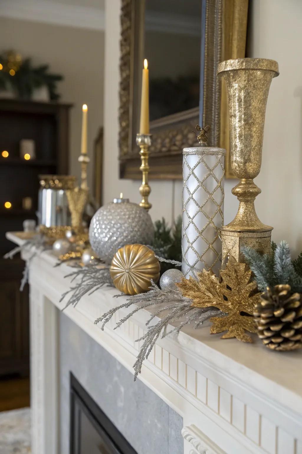 Mixing metals can add a luxurious shine to your mantel.