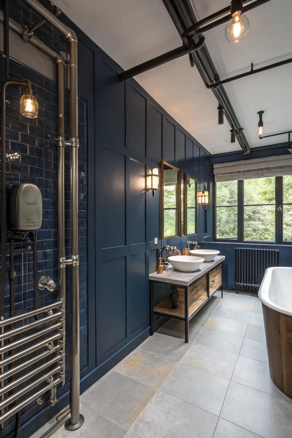 Industrial elements add a raw edge to deep sea bathrooms.