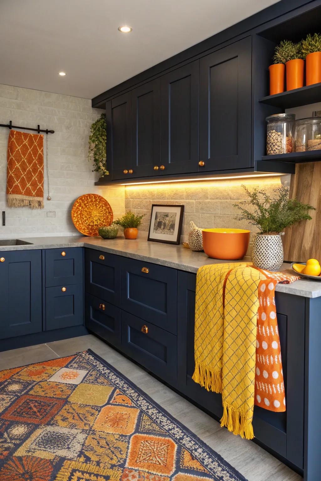 Energetic accents bring energy and contrast to deep sea cooking area designs.