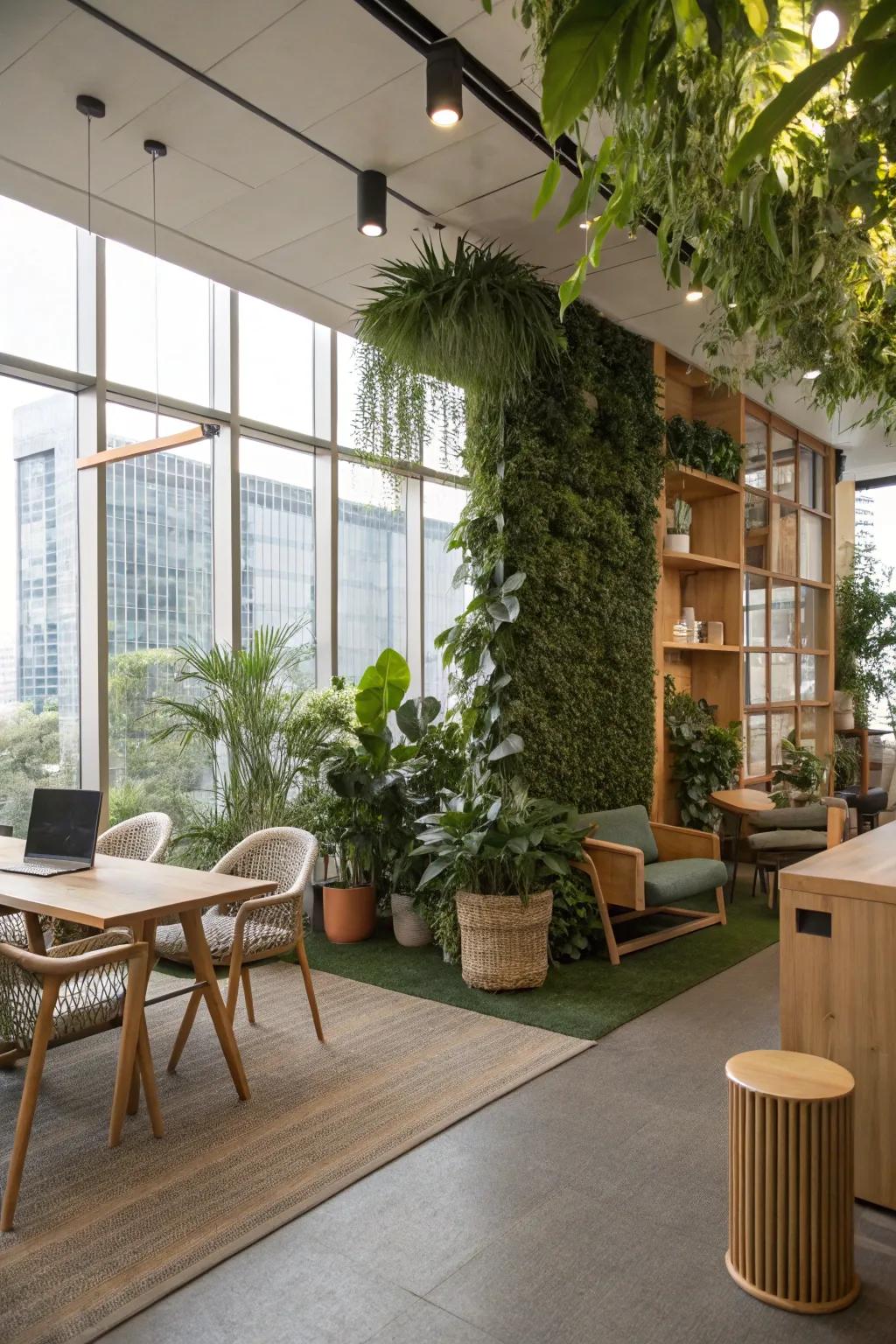An office integrating nature-inspired design aspects like raw materials and greenery.