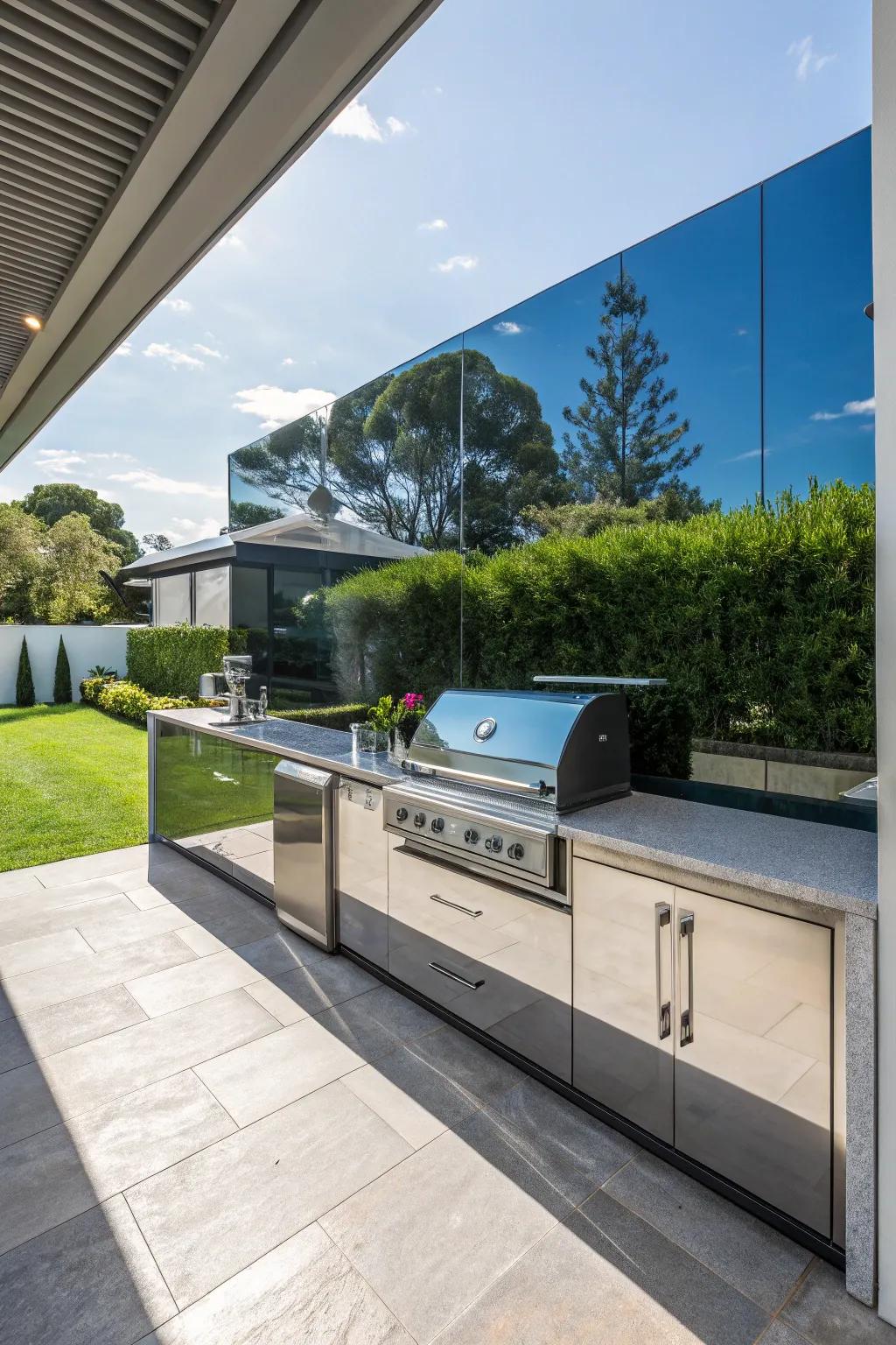 A translucent partition that appends shine and sophistication to the cooking area.