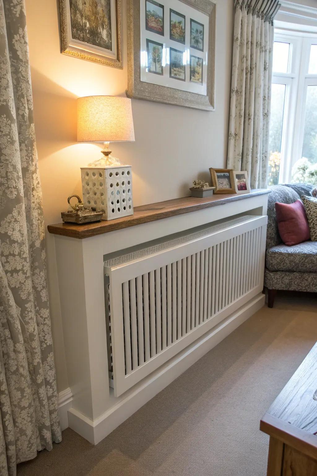 A radiator shield that gives the look of a hanging shelf.