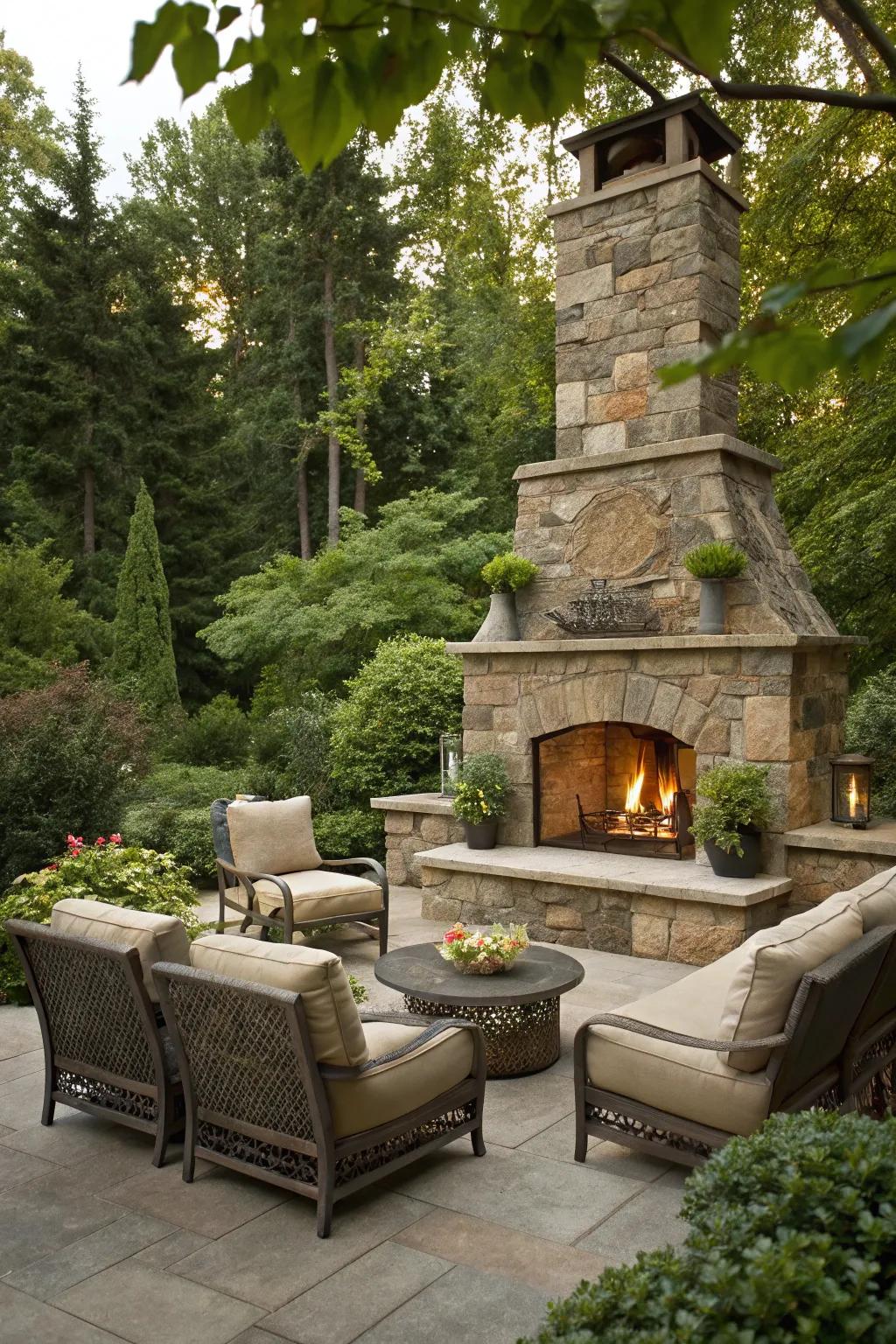 An outdoor stone fireplace evolves into the focal point for social gatherings.