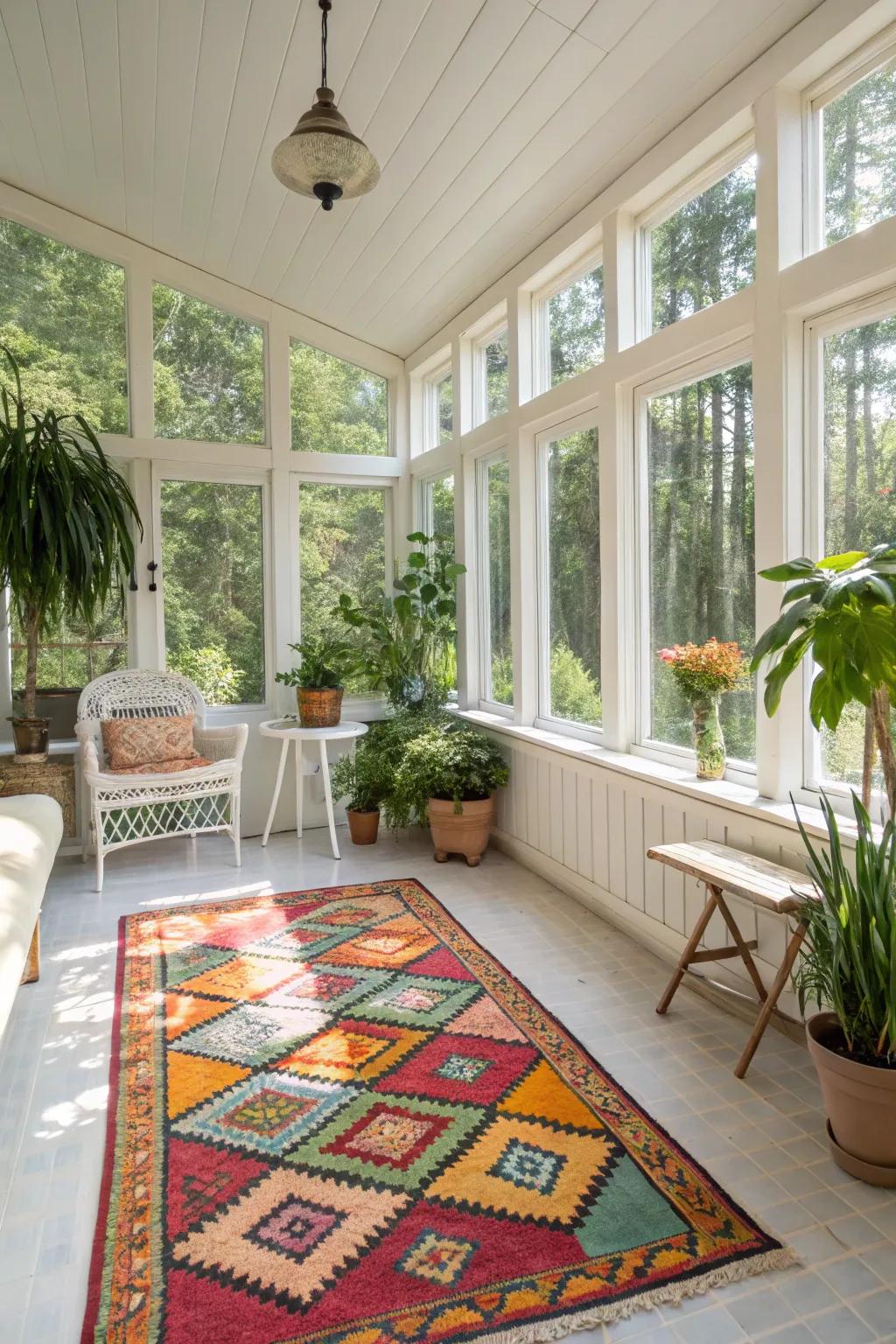 A space can be energized by striking hues in rugs.