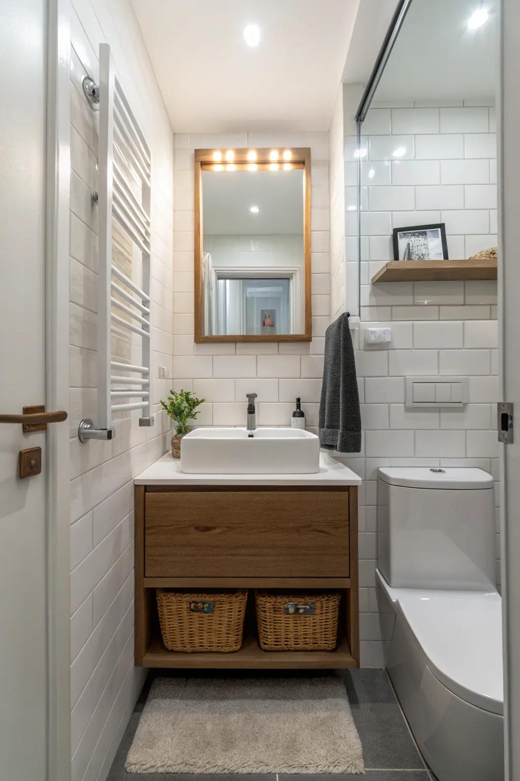 A suspended dressing table injects contemporary sophistication into this cozy bathroom.