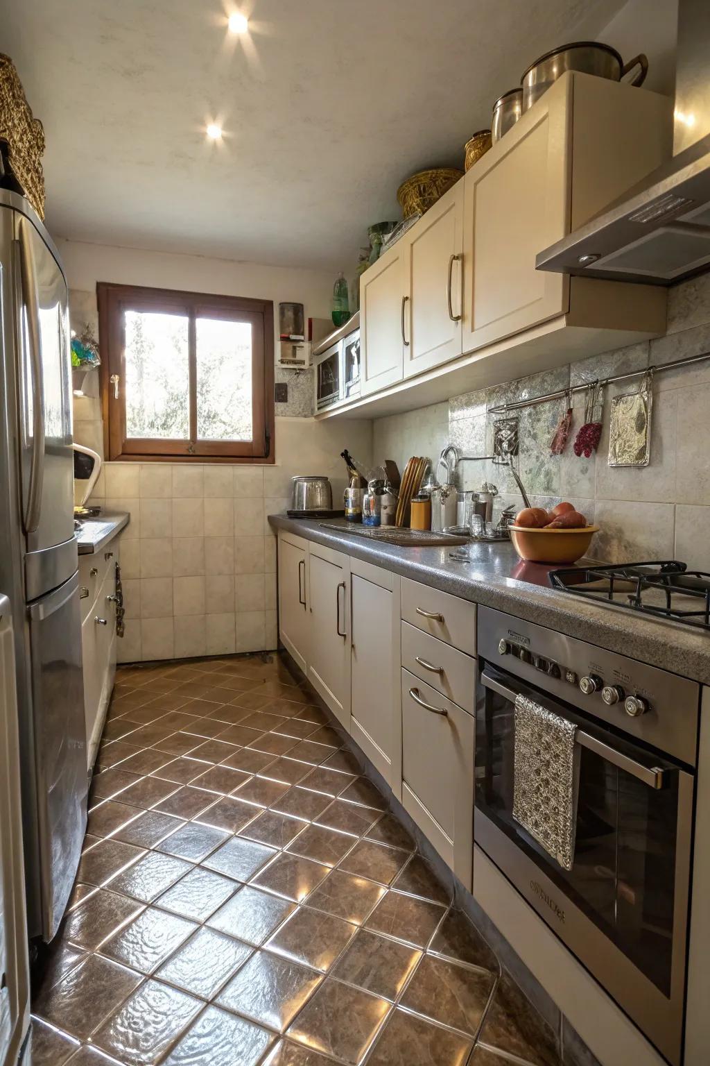 Metallic hue tiles for a modern edge in a small kitchen