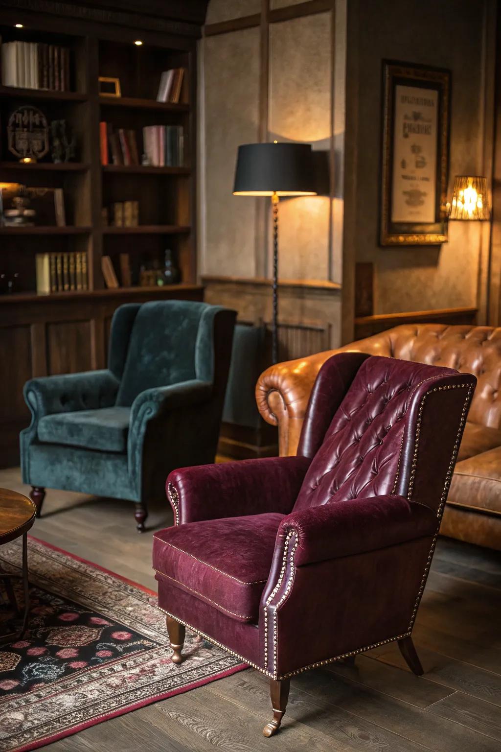 Reflective textures such as velvet and premium leather fashion a tactile richness.
