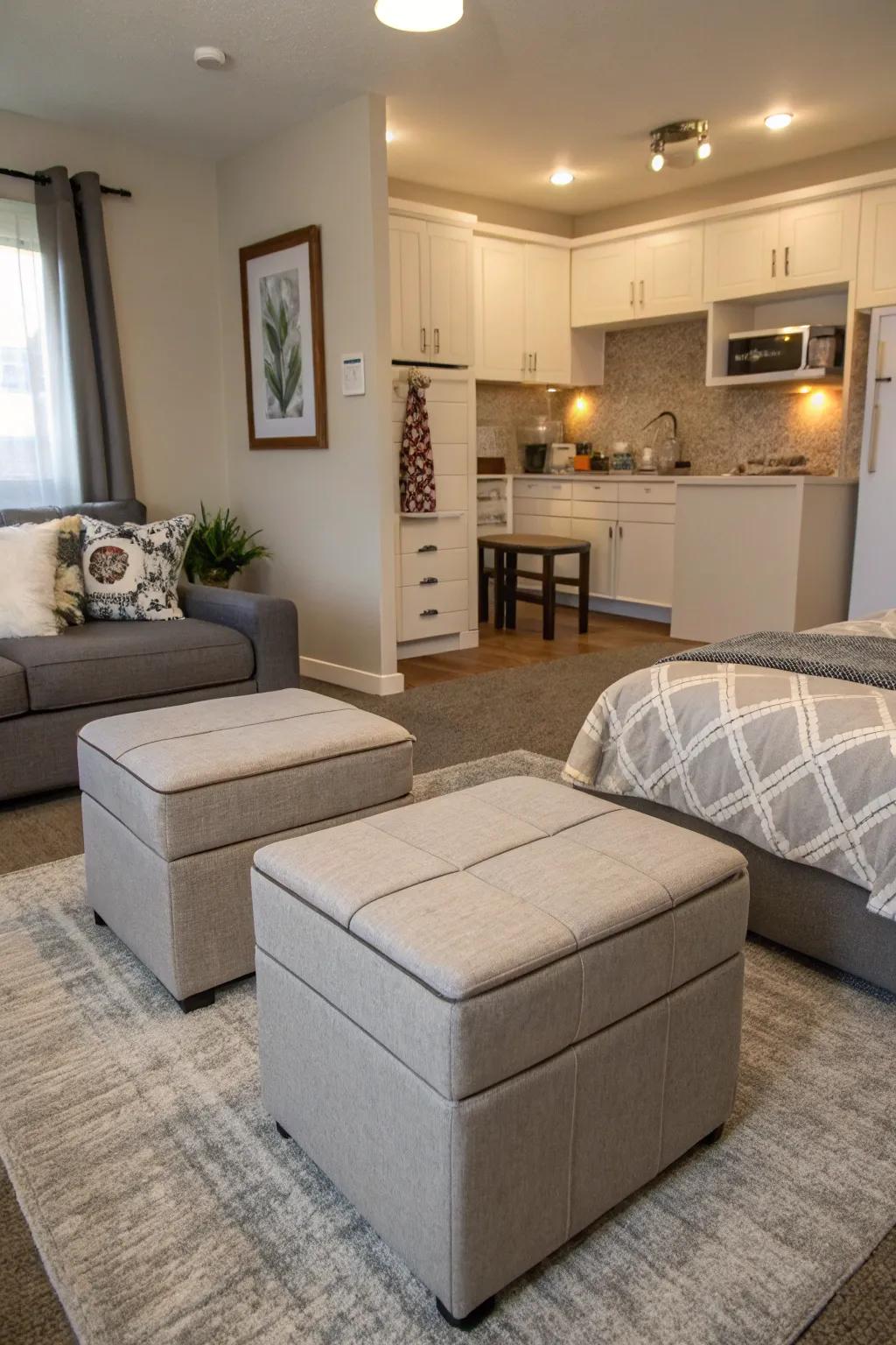 A studio apartment showcasing furniture with multiple uses, such as storage ottomans.