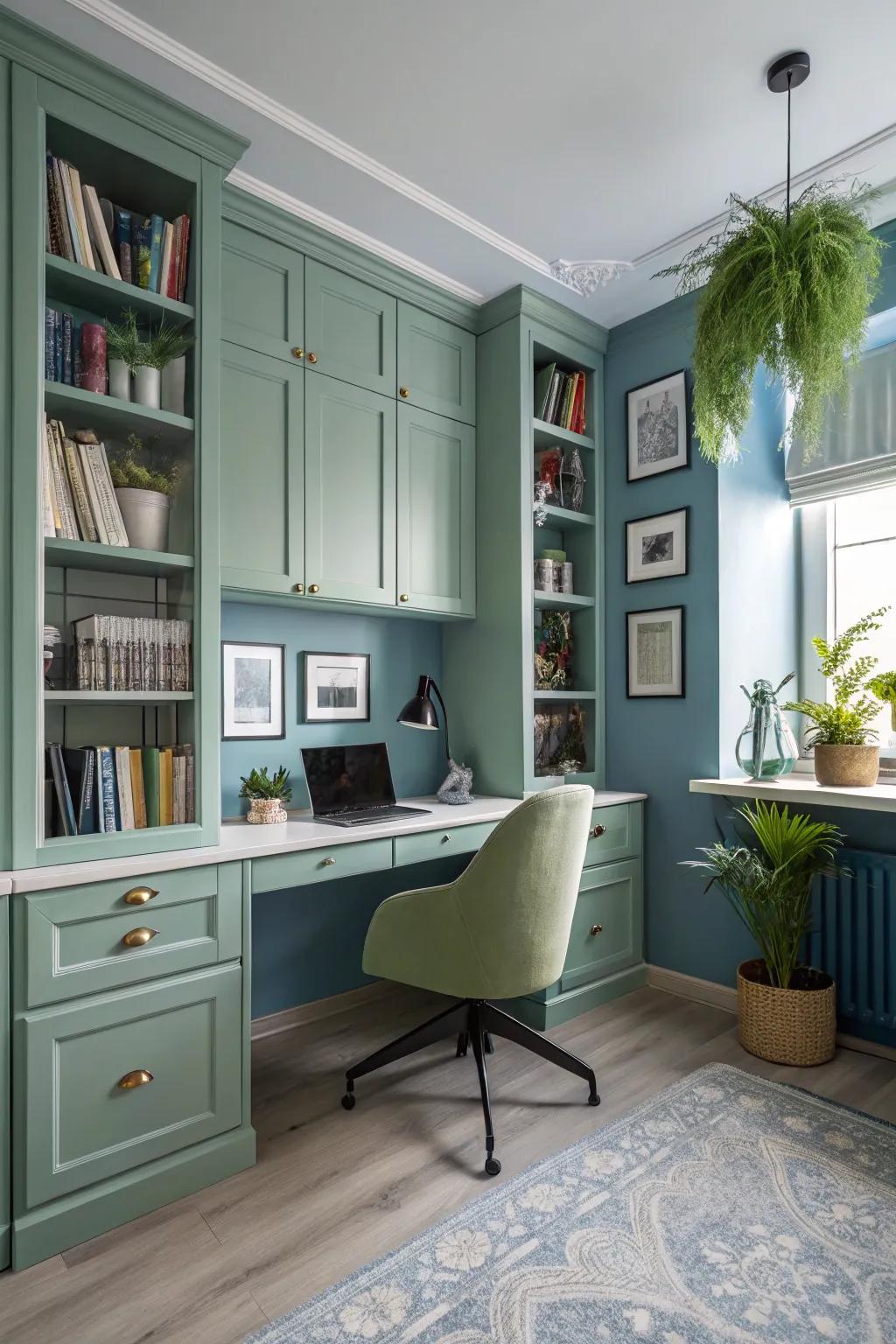 A study room designed with a serene and productive color palette.