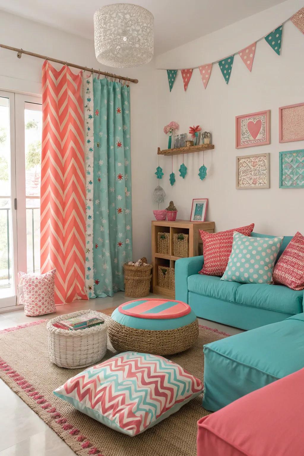 Teal and coral pink create a playful and lively atmosphere.