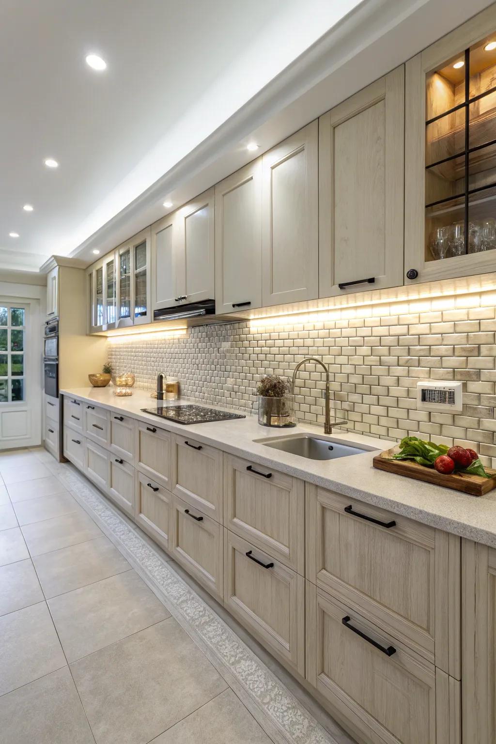 Integrated tile countertops and backsplash create a seamless kitchen look.