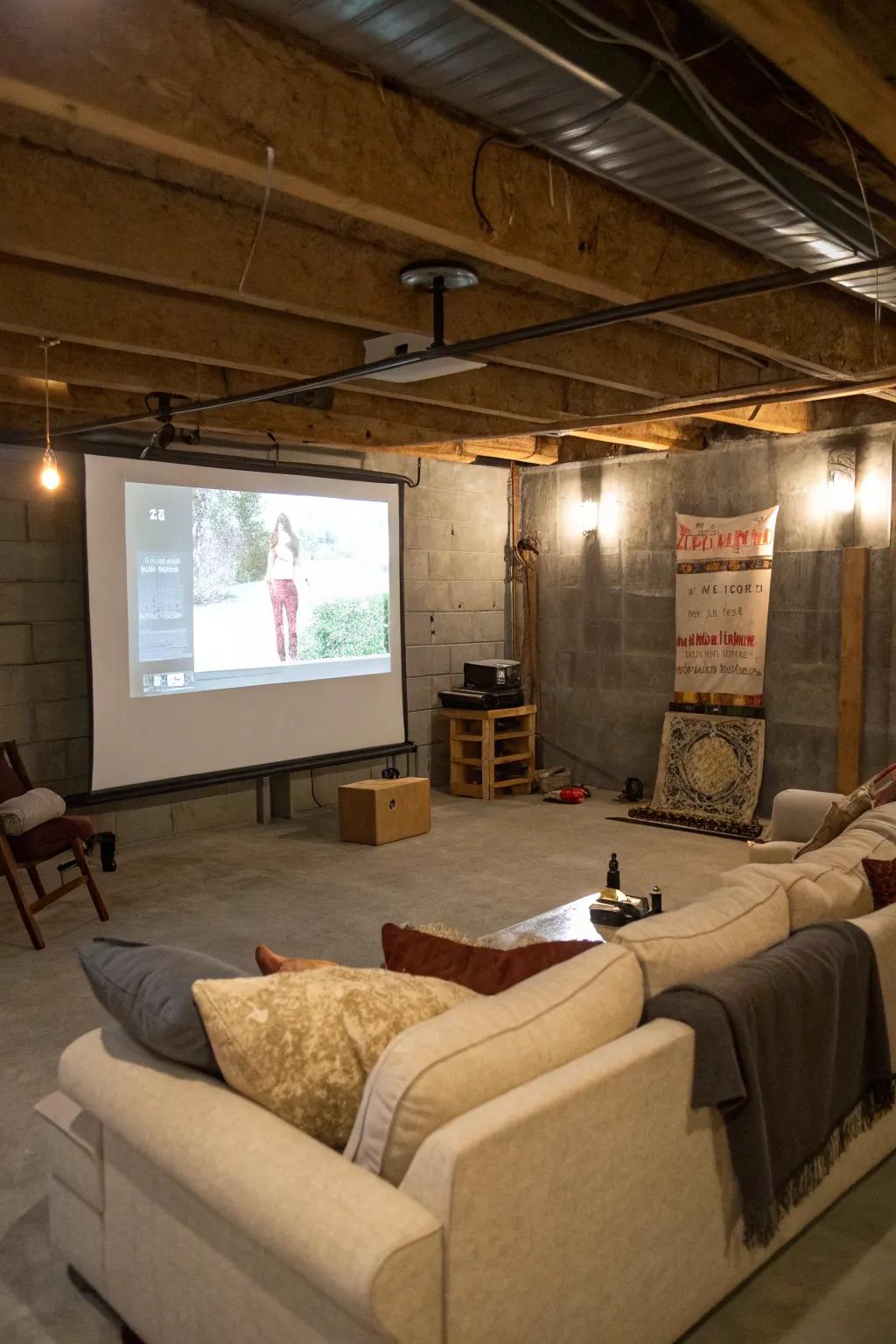 A projector transforms the basement into a snug cinema.
