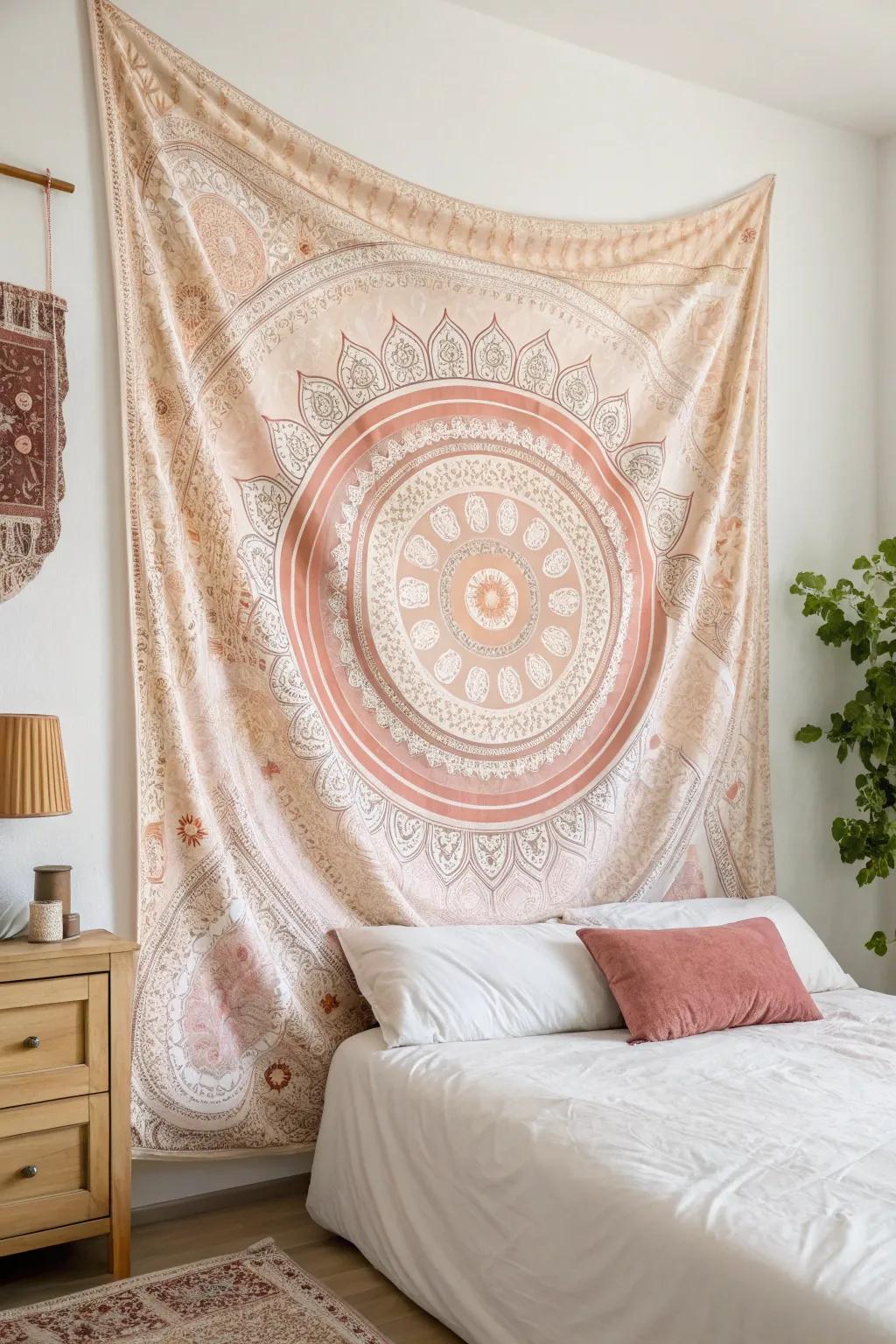 A fabric tapestry adding a soft touch to a bedroom.