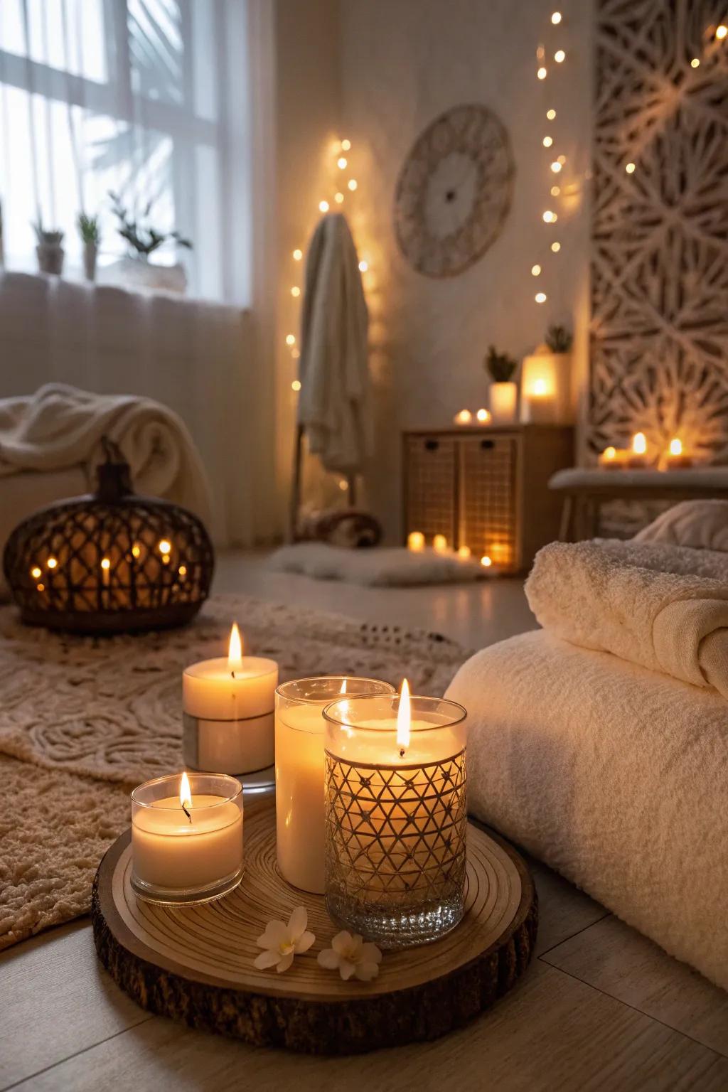Scented luminaries infuse a soothing ambiance to the space.