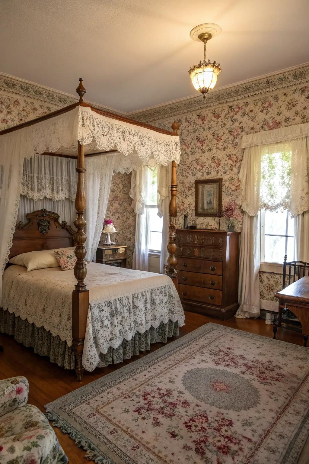 A luxurious bedroom with vintage decor elements and elegant antique furnishings.