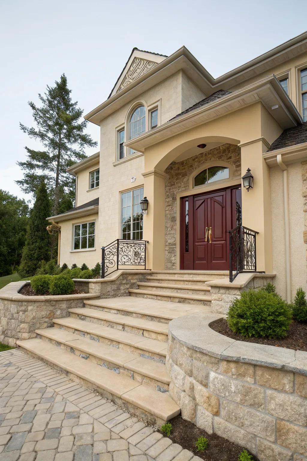 Wine front door introduces a touch of luxury to a beige house.