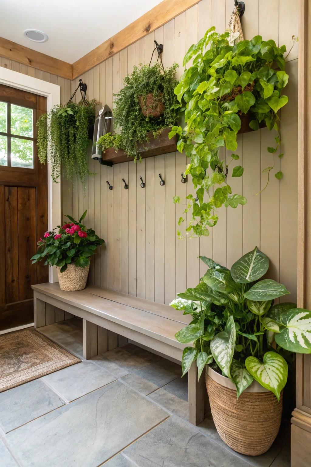 A revitalized mudroom seating complemented by vibrant foliage.