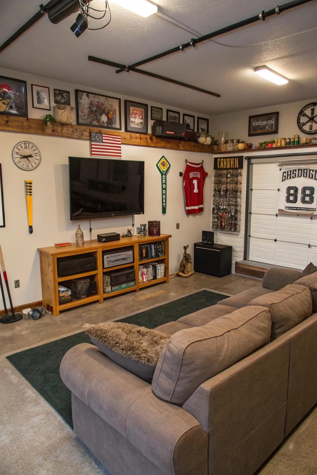 A personalized personal getaway set up in a garage.