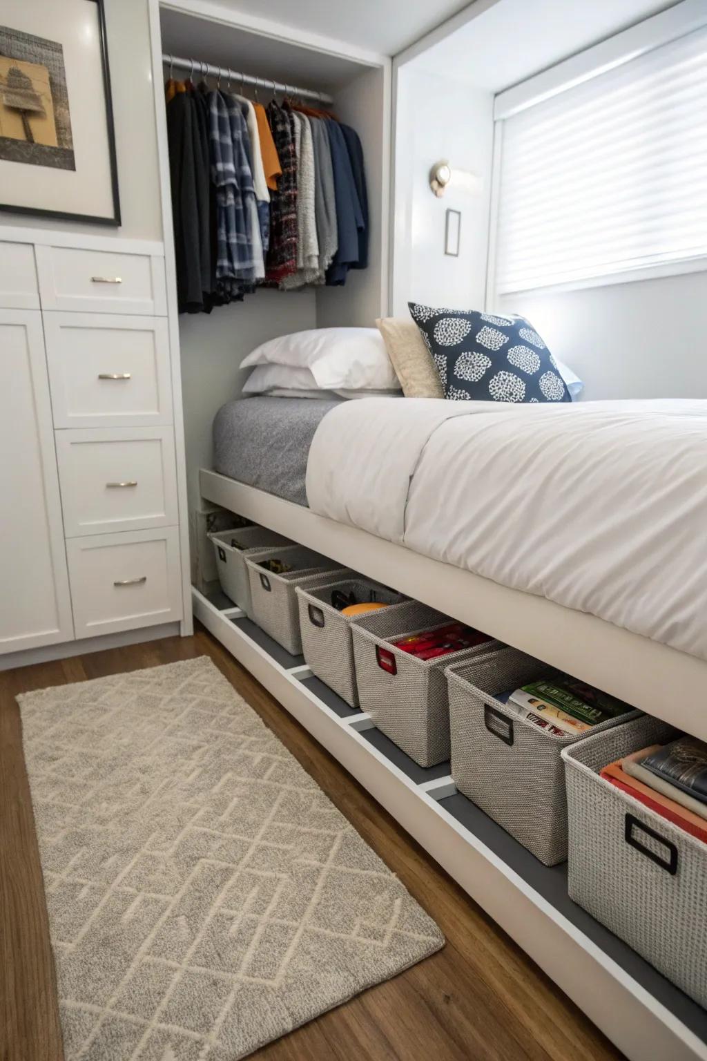 Under-bed storage keeps essentials organized in a narrow bedroom.