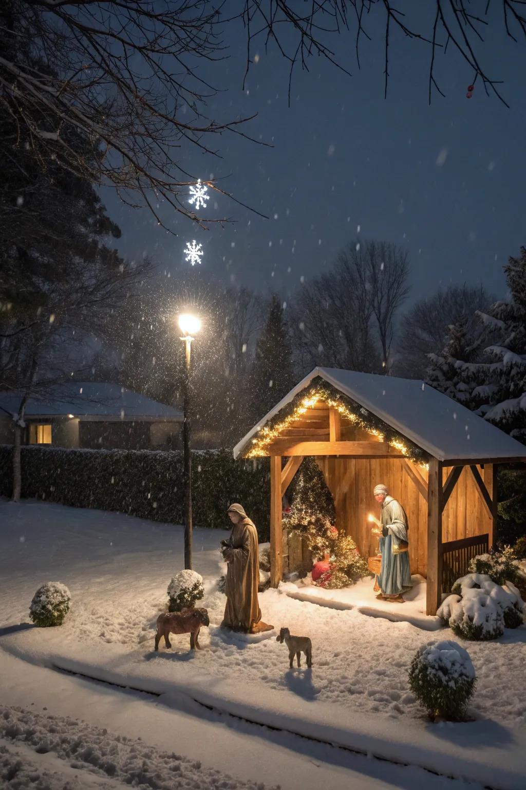 A radiant exterior nativity scene welcomes holiday visitors.