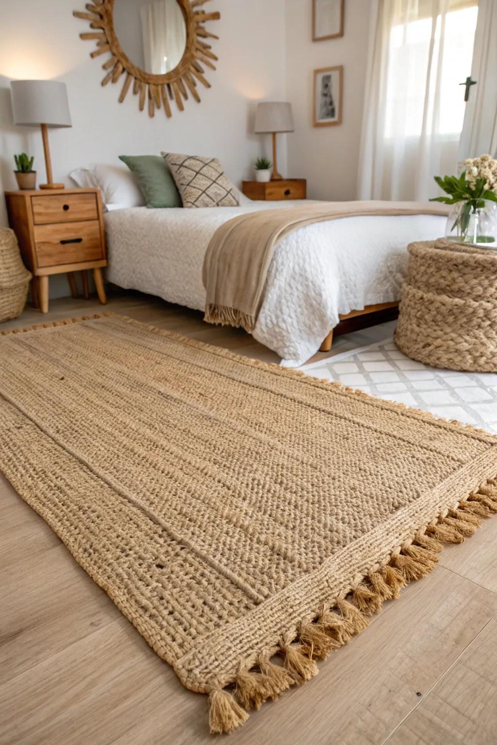 A natural weave rug adds earthy texture to the bedroom.