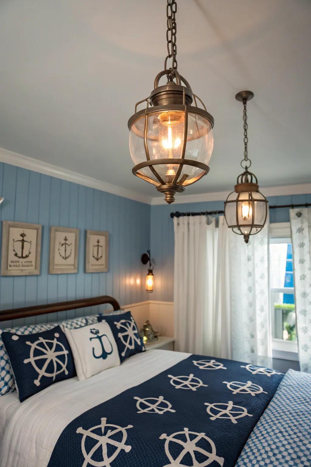 Marine-themed lighting casts a warm, inviting glow.