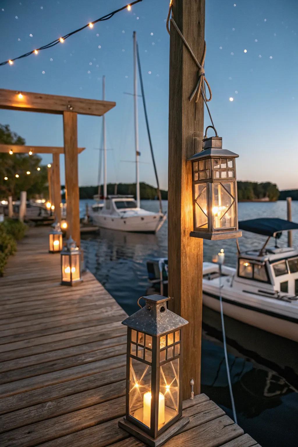 Dockside lanterns construct a comfortable night mood.