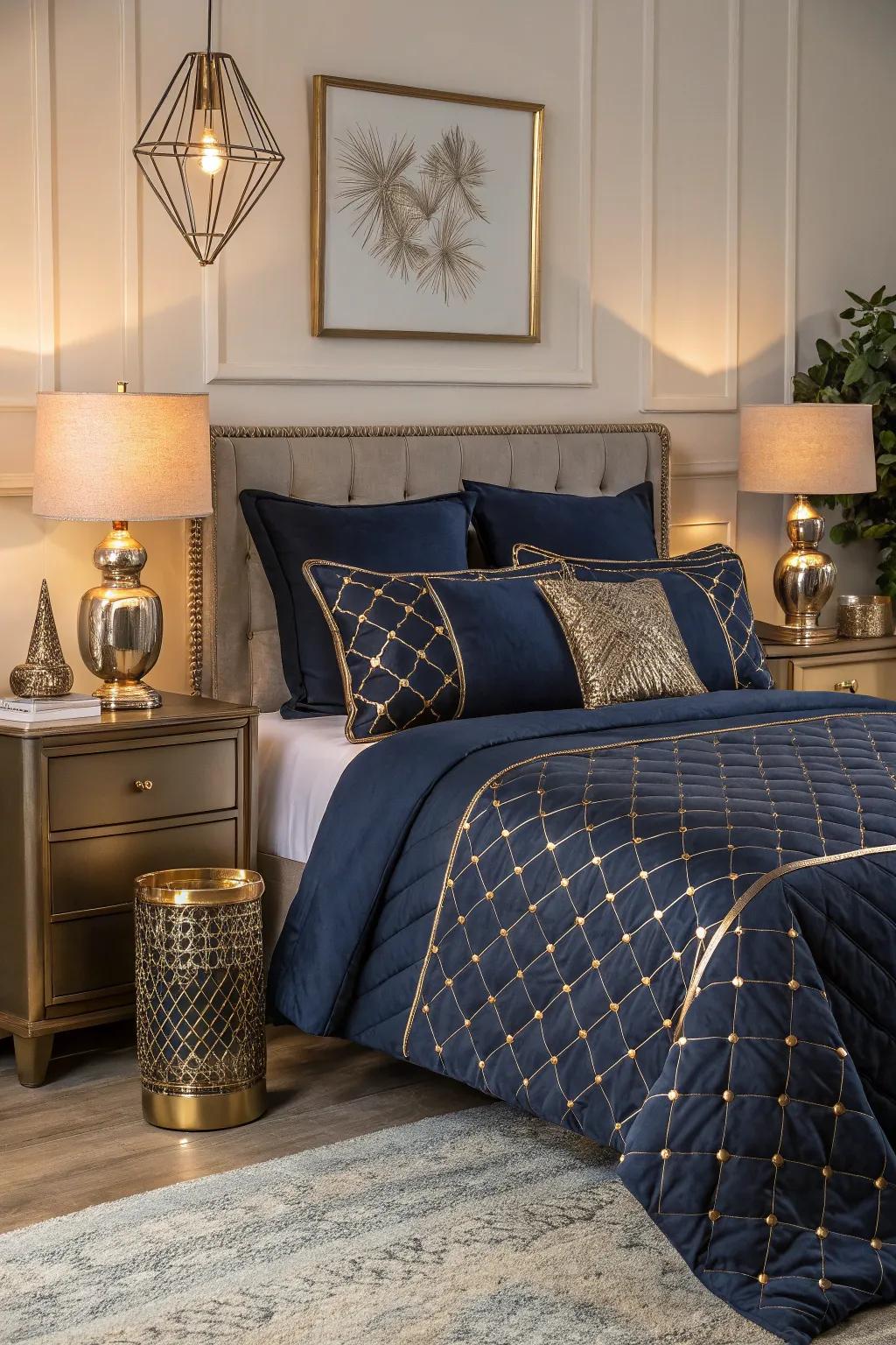 Add glamour with metallic accents and navy bedding.