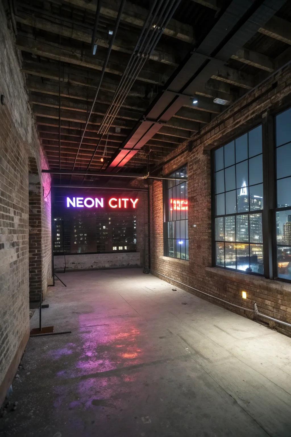 A neon cityscape sign complements the industrial aesthetic of a loft.
