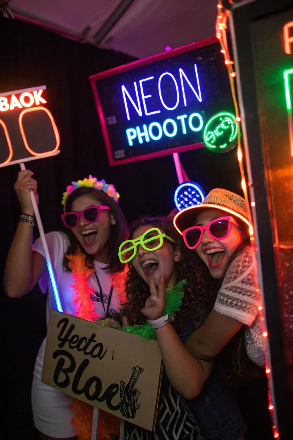A neon picture stall using glowing props, capturing fun and vibrant celebration instances.