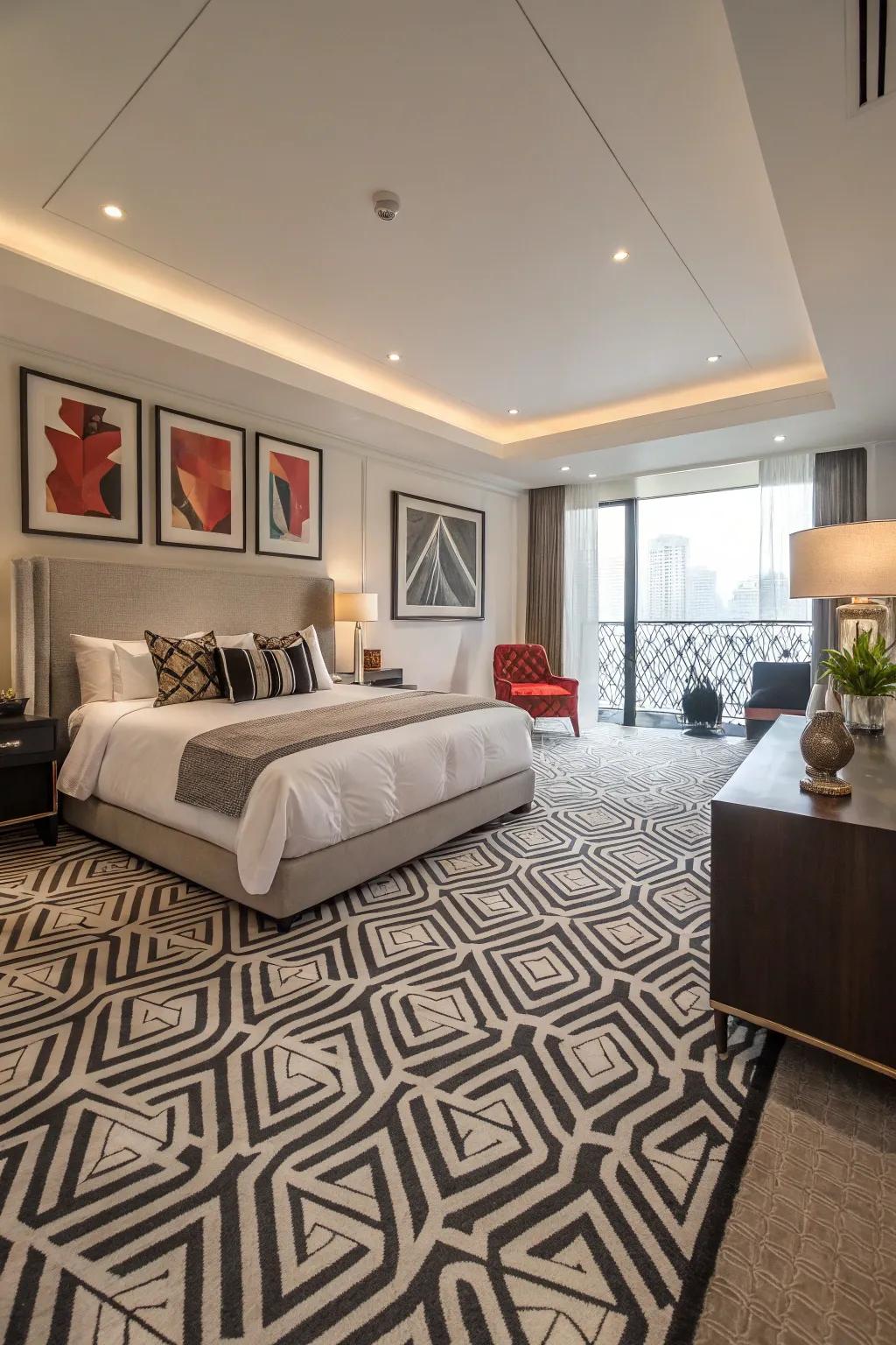Geometric carpets offer a modern twist to bedroom design.
