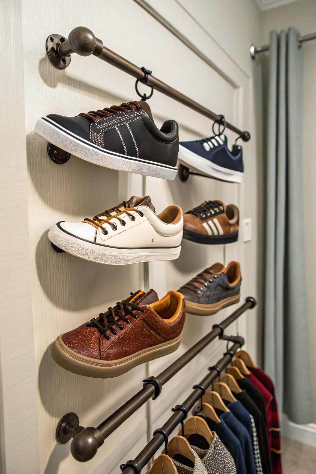 Curtain rods offer a distinctive shoe storage method.