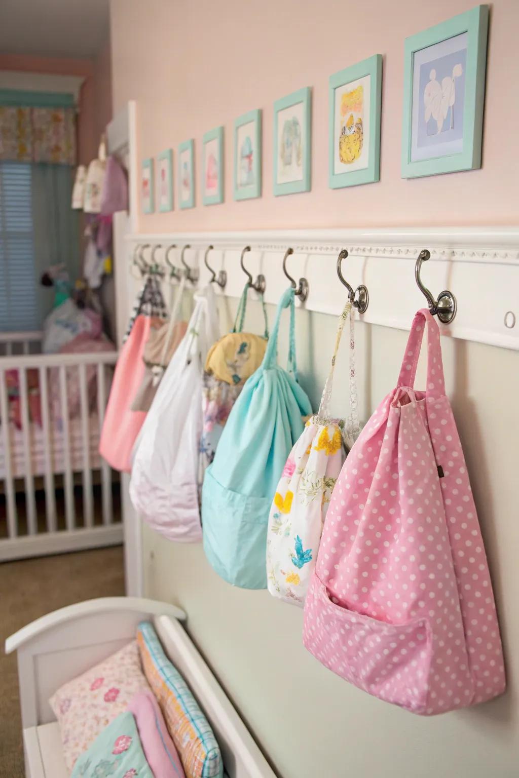 Attached wall hooks provide practical storage for everyday items.