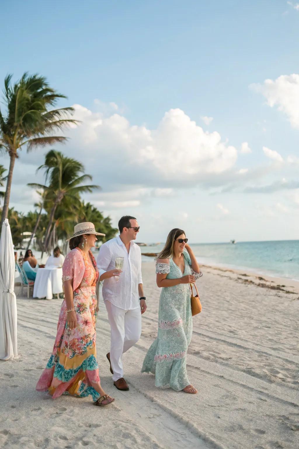 Guests embracing the coastal stylish dress code for a stylish gathering.