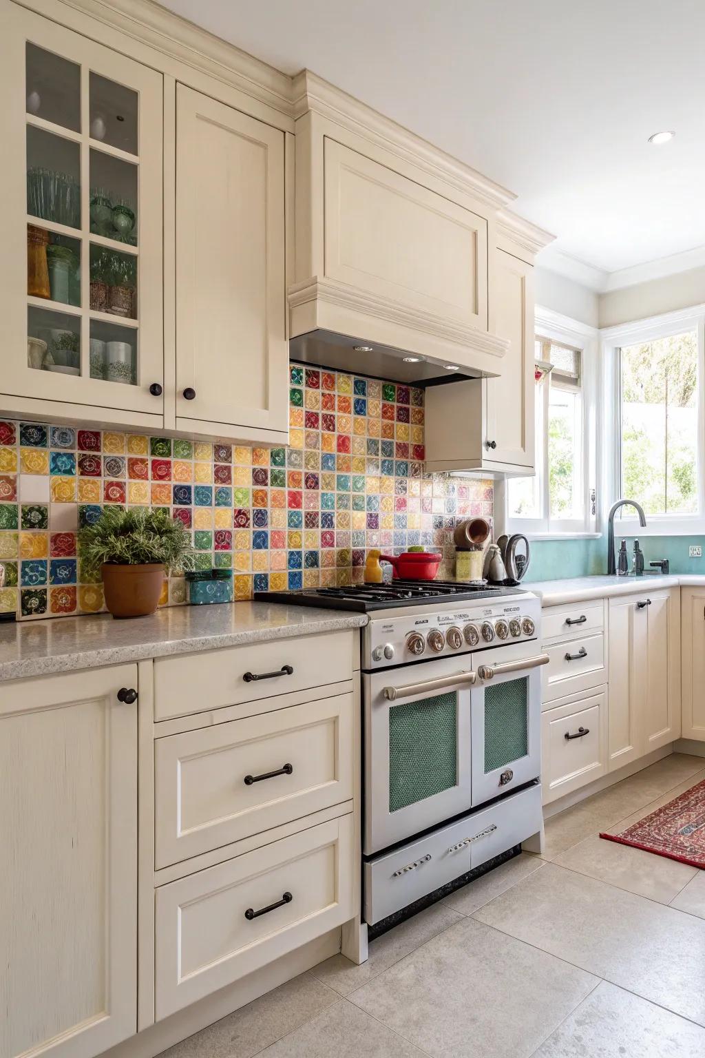Color accents bring life to cream kitchens.