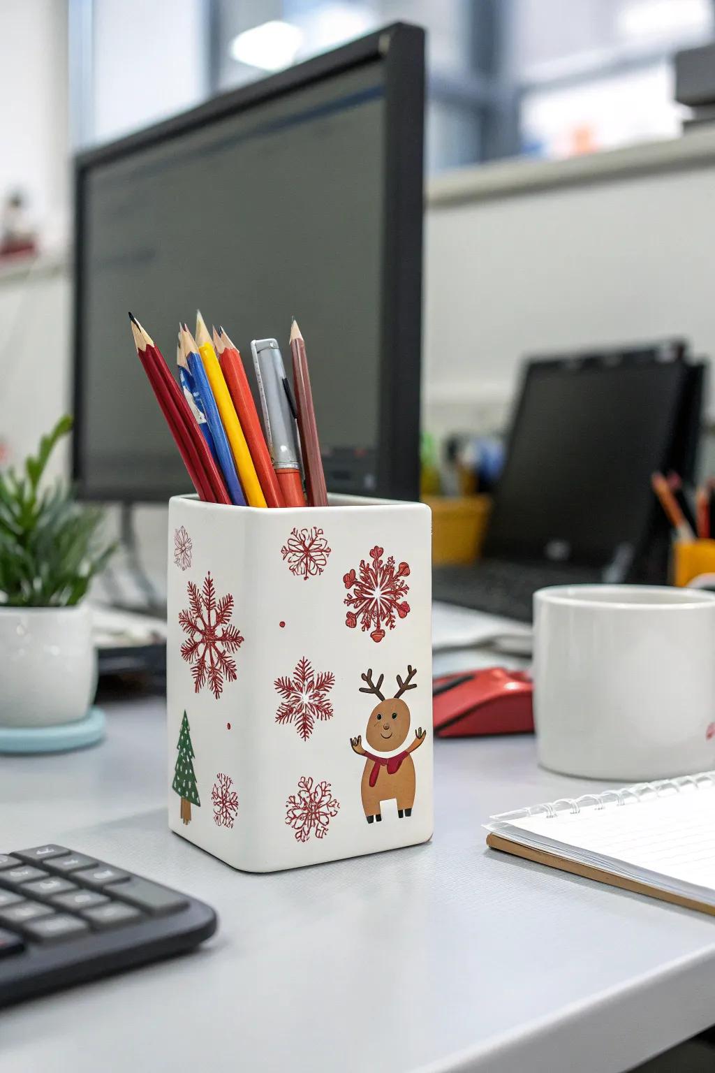 A celebratory quill repository appends a personalized nuance of holiday spirit.