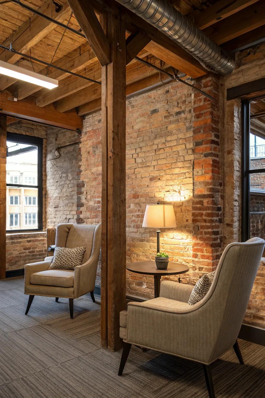 Exposed brick and wooden beams accentuate the architectural charm of this reading space.