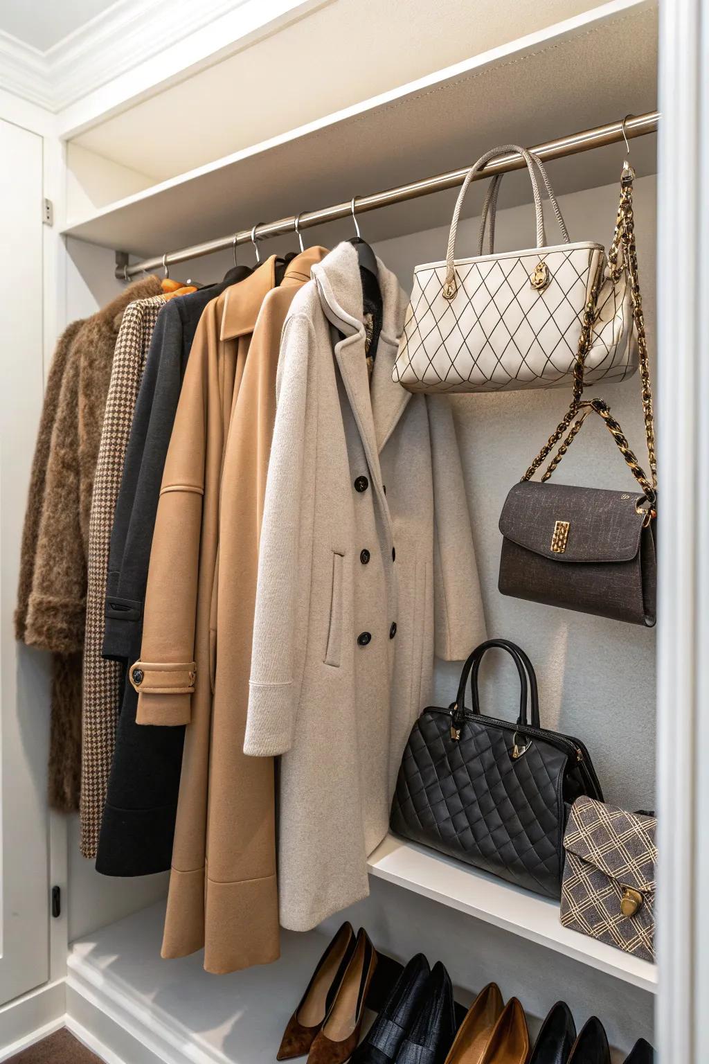The coat closet can serve double-duty as a clever storage solution for purses.