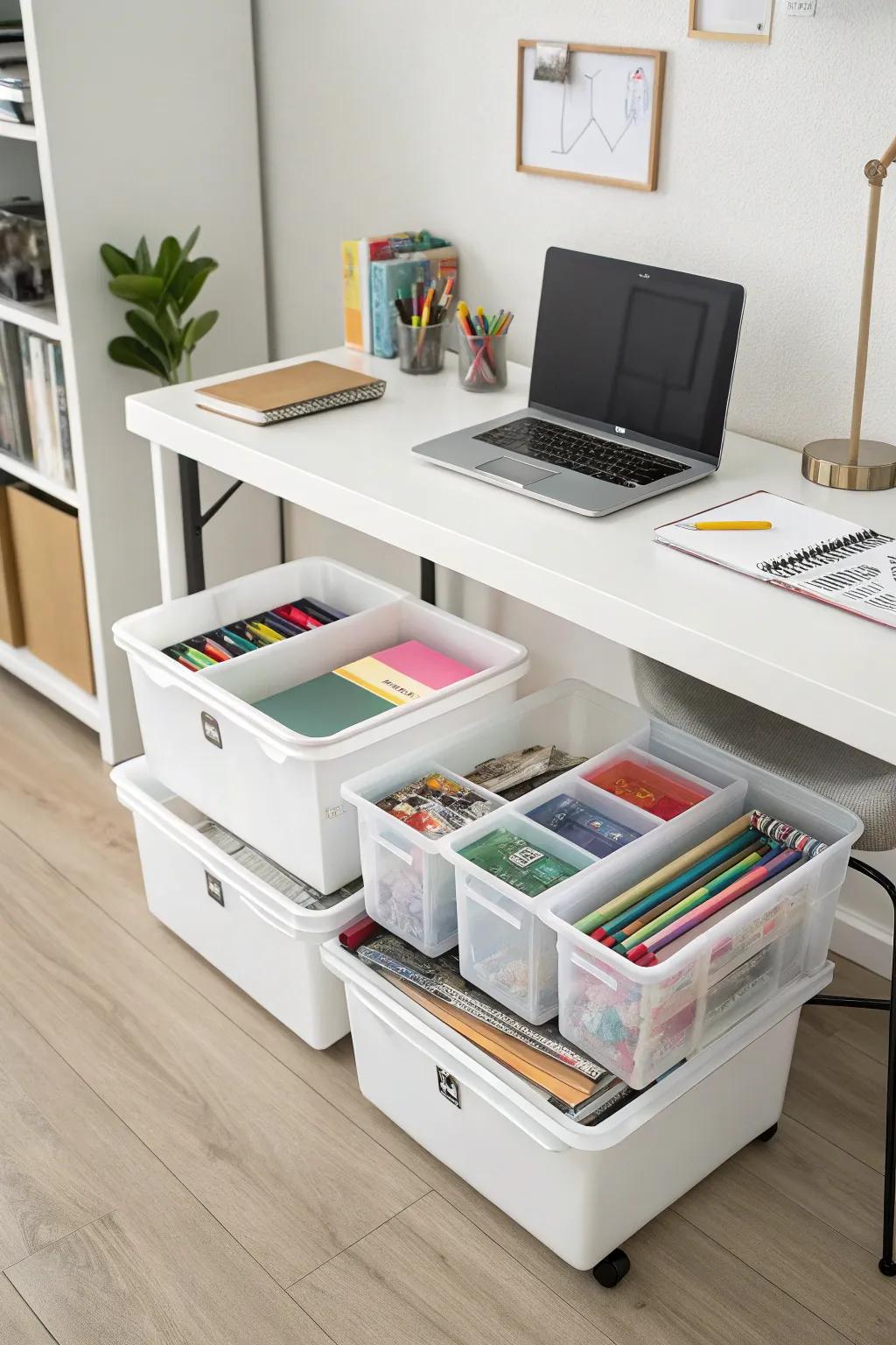 Utilize the space under your desk for concealed storage.