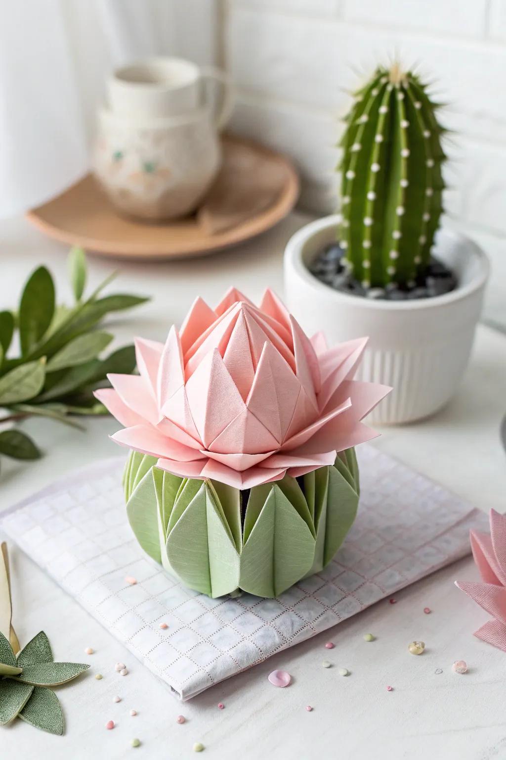 Where subtlety meets audacity: Explore the art of paper art featuring a quirky cactus bloom spin.