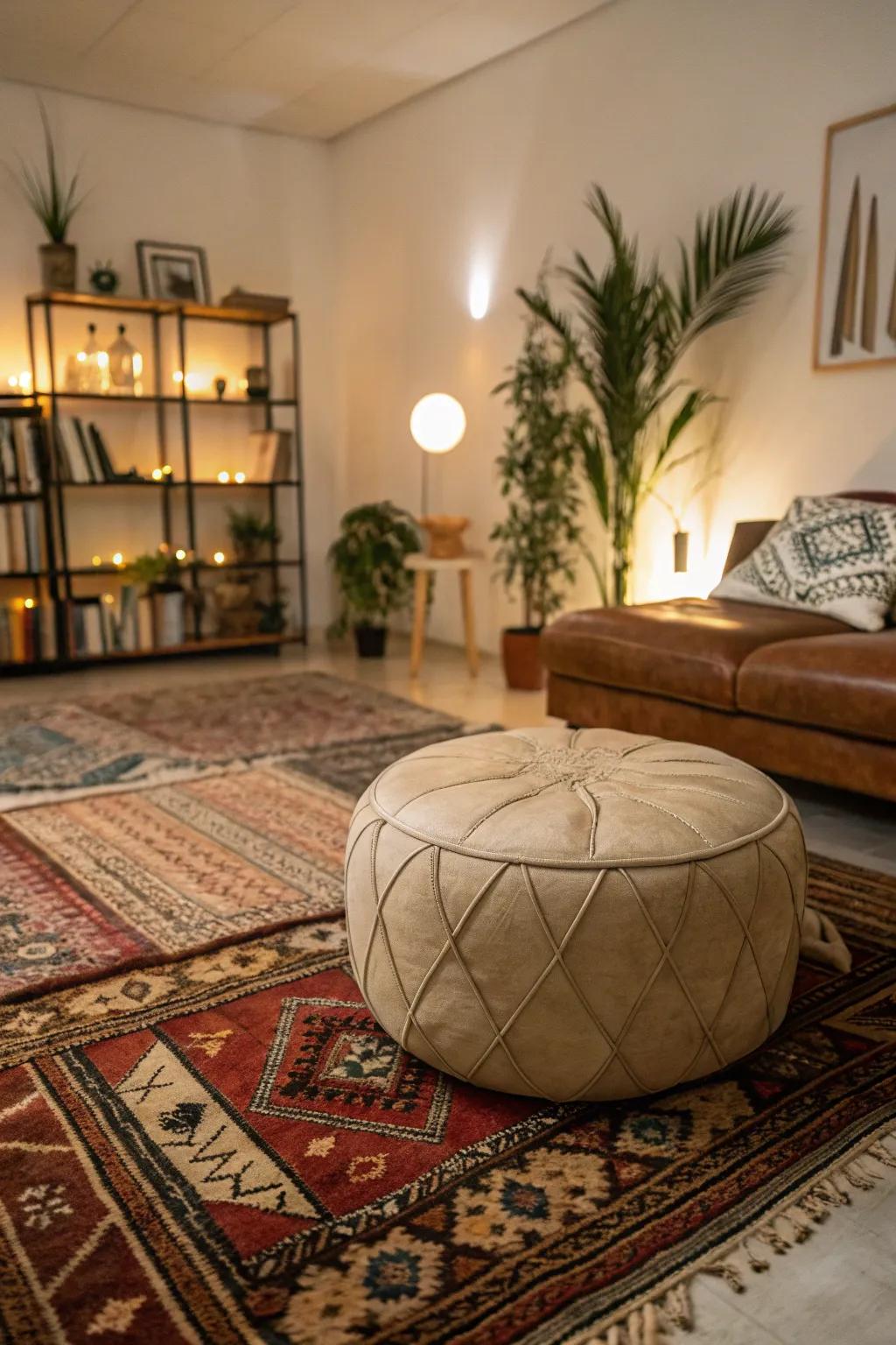 Layered floor coverings beneath an ottoman for added warmth.